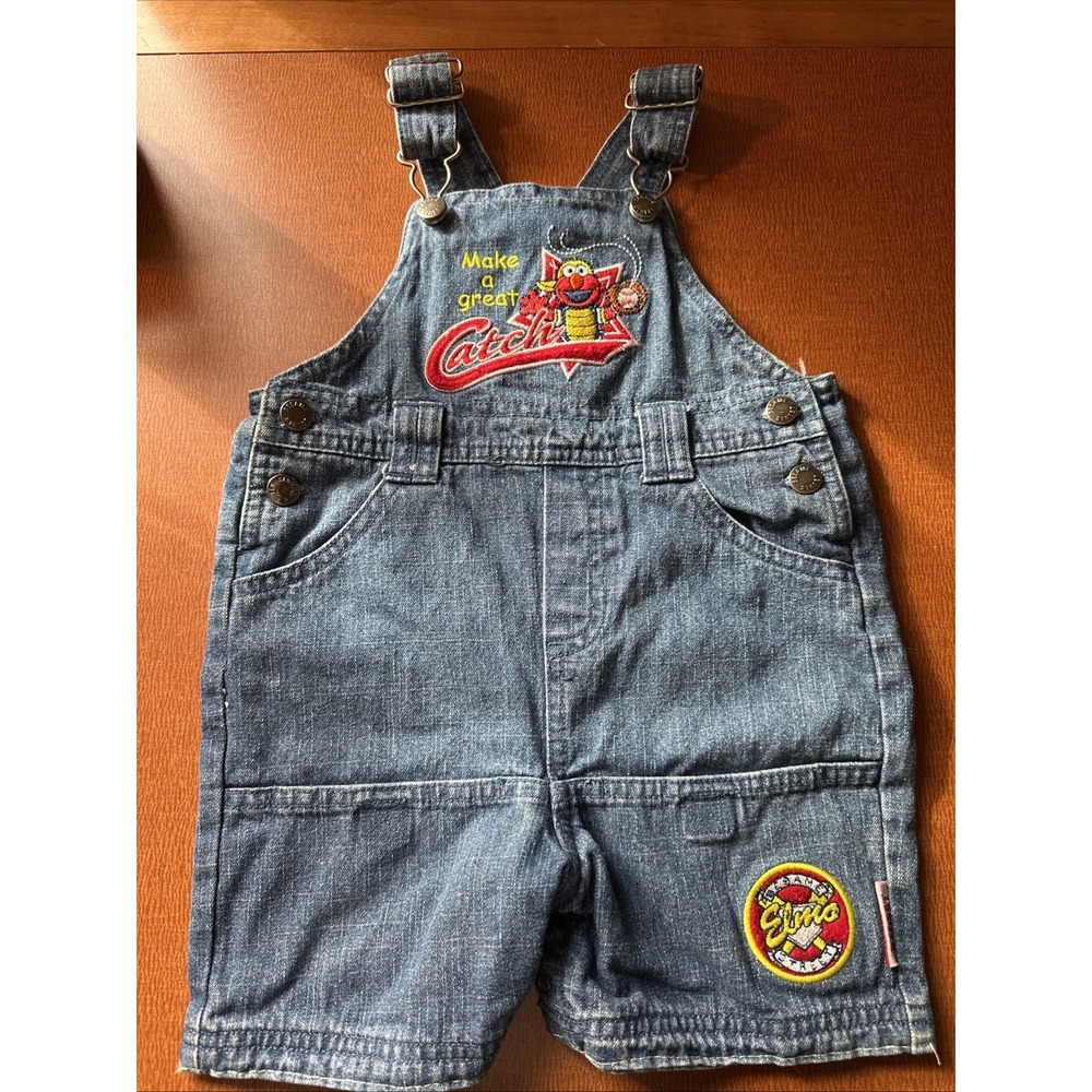 Vtg Y2K Sesame Street Elmo Denim Short Overalls 18 Month 2002
